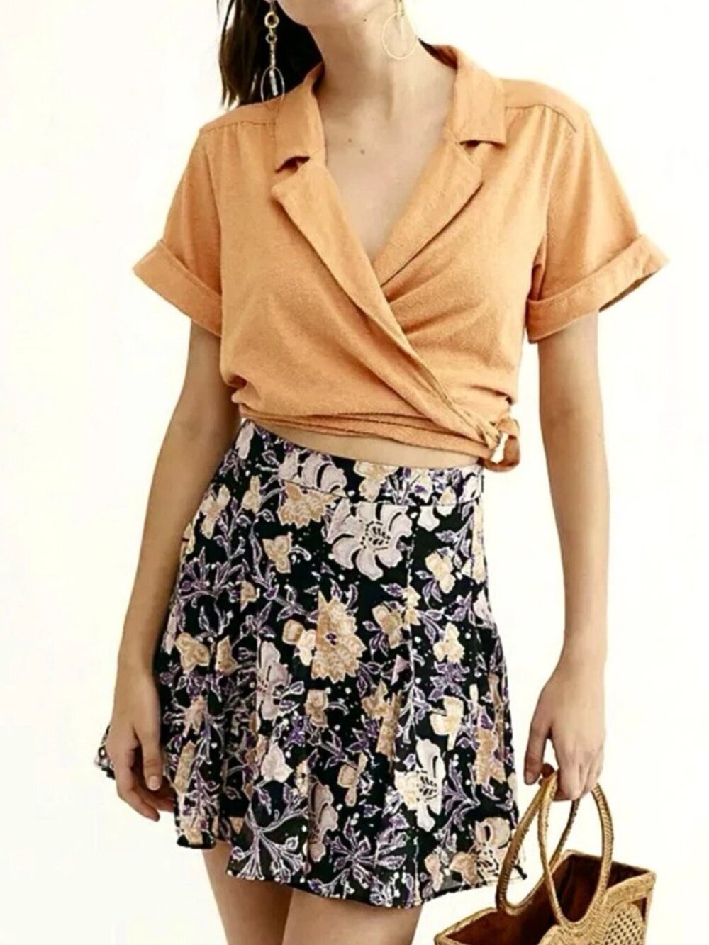 Free People Sz 8 End of the Island Floral Godet Mini Skirt Cotton Boho Cottage
